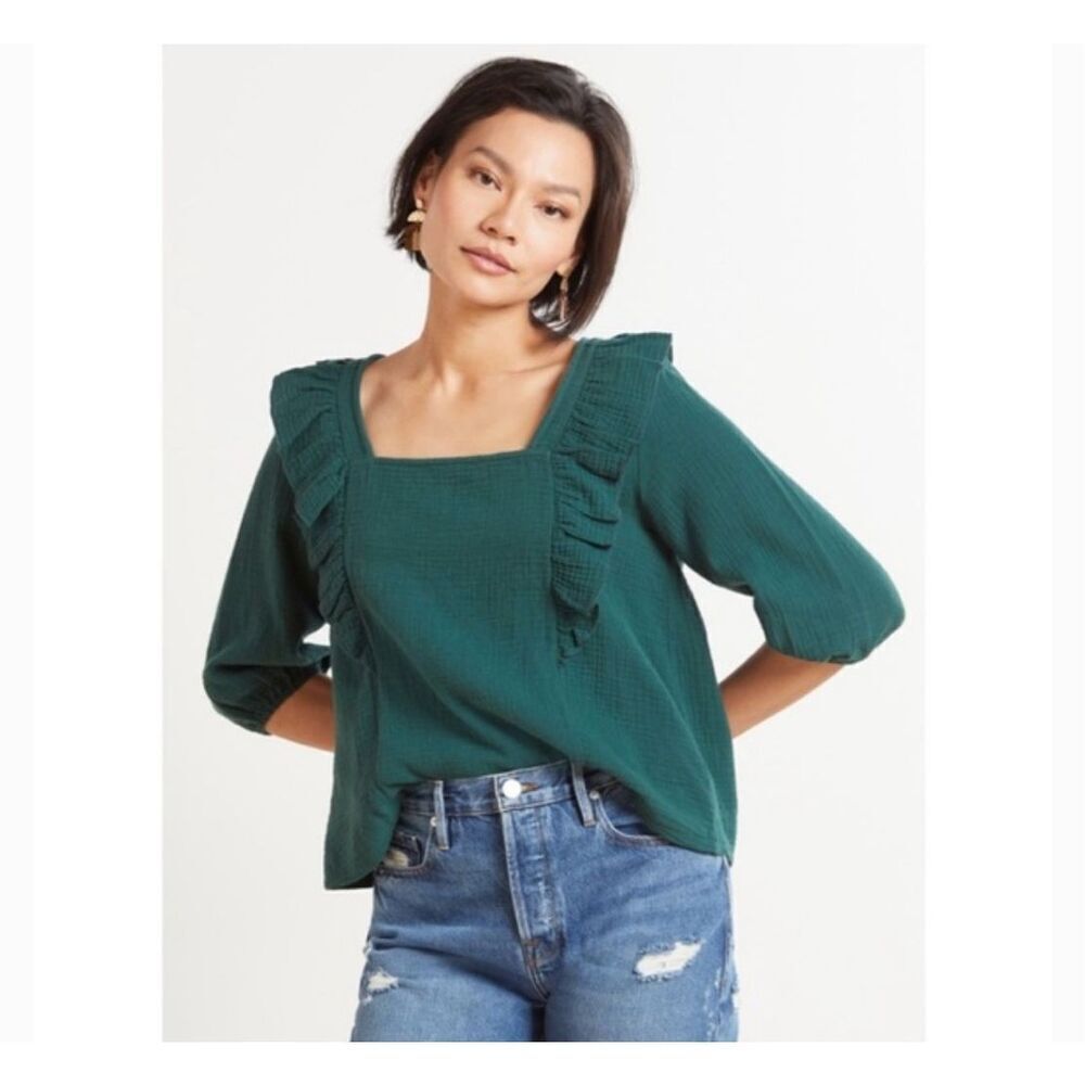 Evereve Emerald Green Francine Ruffle Gauze Top Size S